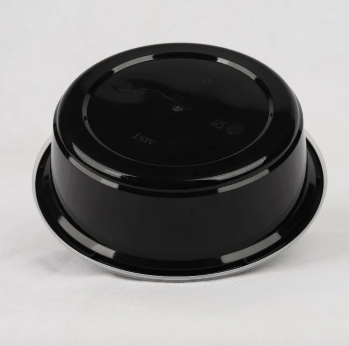 "Top-down view of a black round food storage container by JC Packaging, emphasizing its robust and user-friendly design."