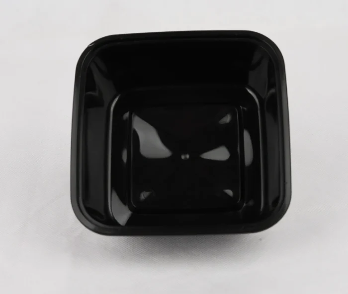 "JC Packaging's glossy black small square meal container, showcasing smart design for portion control and meal planning."