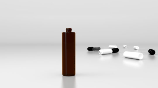 250ml amber PET bottle with cylindrical shape and narrow neck, suitable for liquids and light-sensitive products.